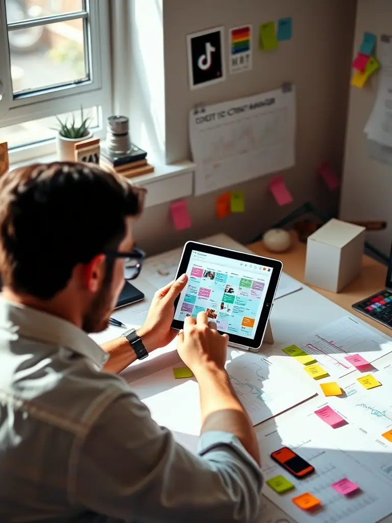 A professional photo of a Toktect account manager working on a TikTok content calendar on a tablet, surrounded by creative assets and analytics dashboards.