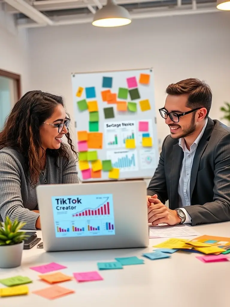 A dynamic image of a TikTok creator collaborating with a Toktect strategist, brainstorming content ideas and reviewing performance metrics.