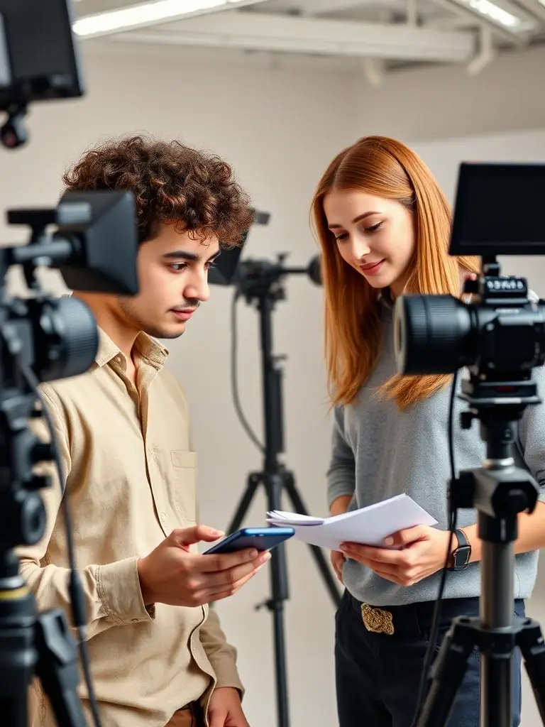 A dynamic photo of a TikTok creator collaborating with a Toktect manager, brainstorming content ideas and filming a promotional video.