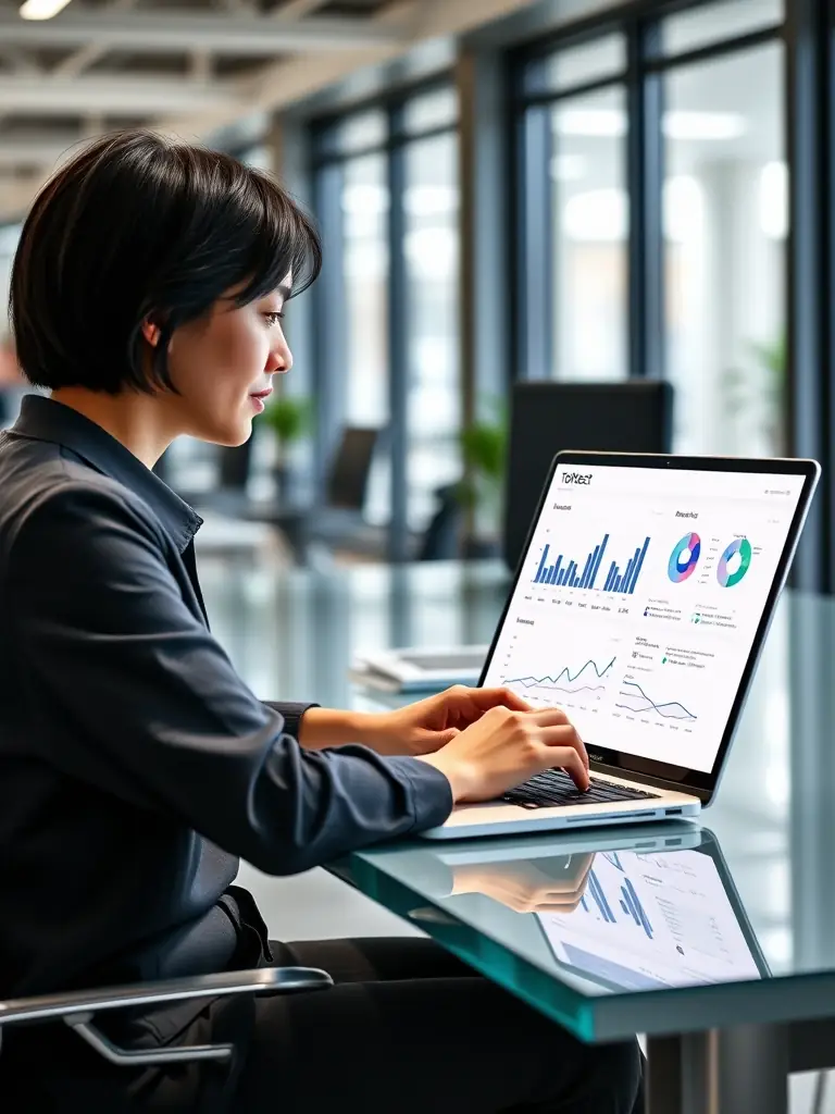 A professional shot of a Toktect team member strategizing on a TikTok campaign, using data analytics on a laptop to optimize content performance.